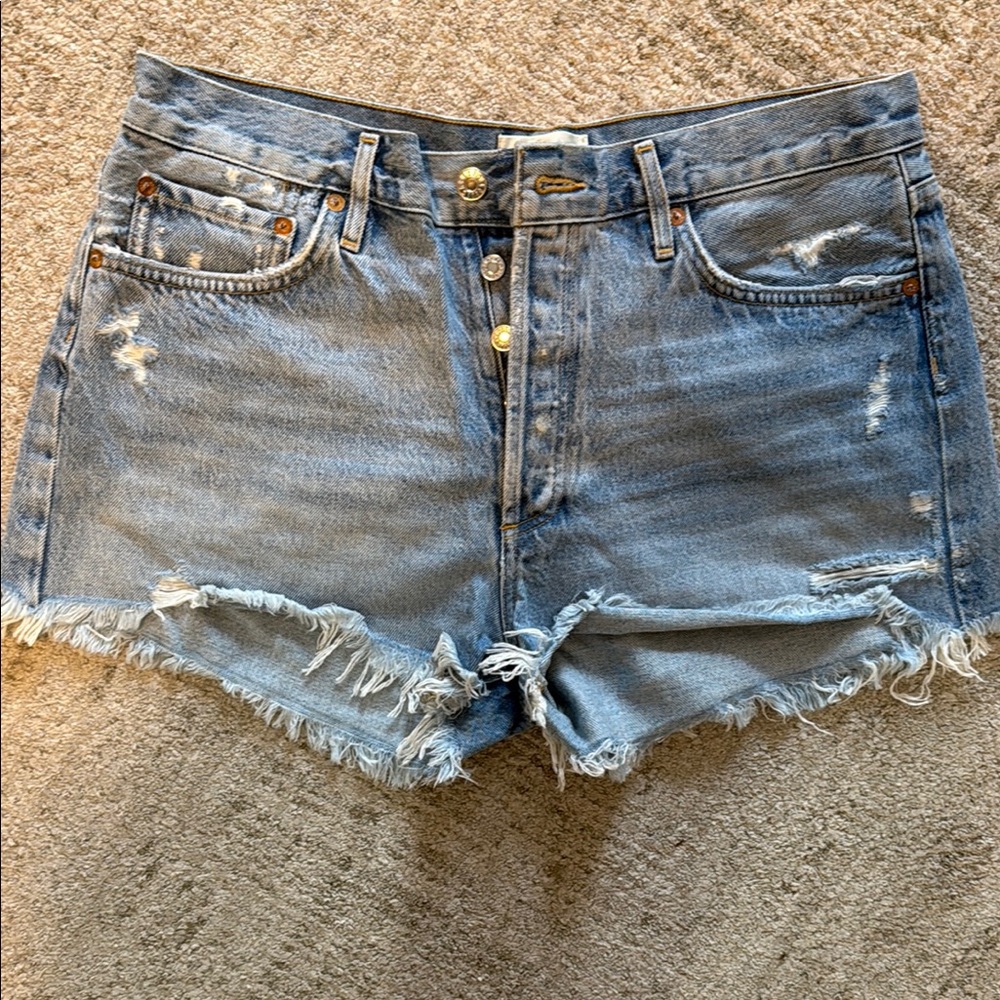Agolde Light Blue Distressed Jean Shorts